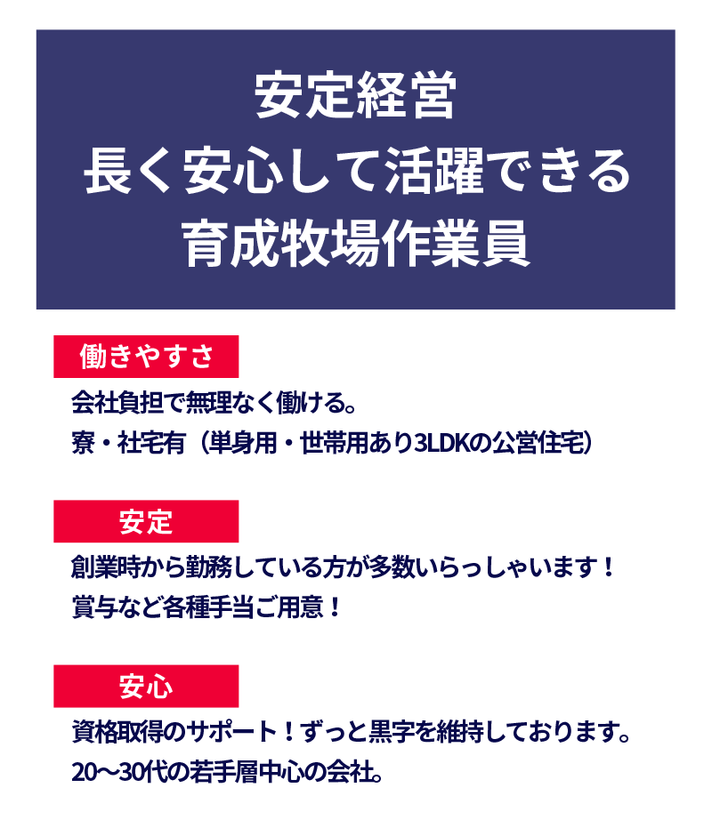 安定経営　長く安心して活躍できる育成牧場作業員